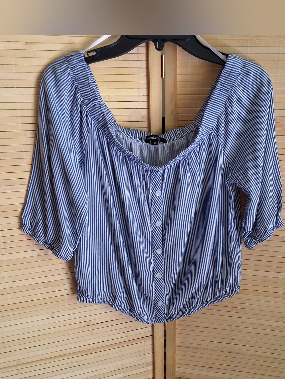Ambiance Blue and White Striped Peasant Button-Front Top